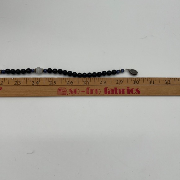 Vintage Black Onyx & Blue Cloisonné Bead Necklace 30" Clasp Stamped Silver - Picture 8 of 8